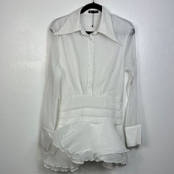 Anewsta White Long Sleeve Pleats Hip Band Mini Dress Size M - Picture 2 of 10